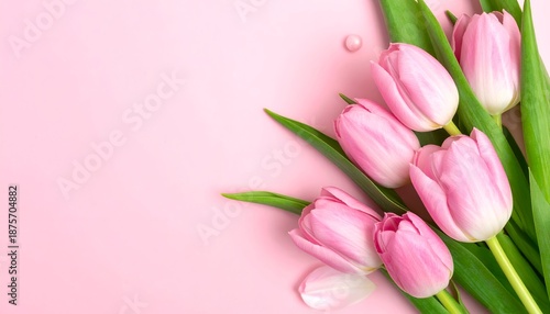 A bouquet of pink tulips arranged elegantly on a soft pink background with delicate details