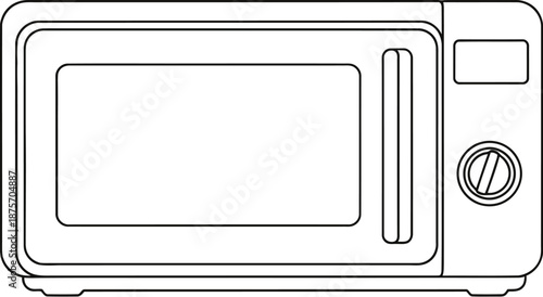 Simple black and white outline drawing representing a compact household kitchen appliance ideal for quick food reheating or defrosting in modern domestic environments.