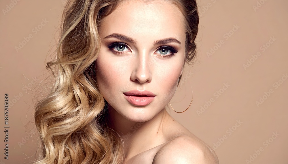 Fototapeta premium A close-up portrait of a woman with elegant waves in her hair and exquisite makeup against a soft background