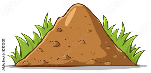 Stylized anthill with grass illustration showing textured dirt mound and green leaves on white background