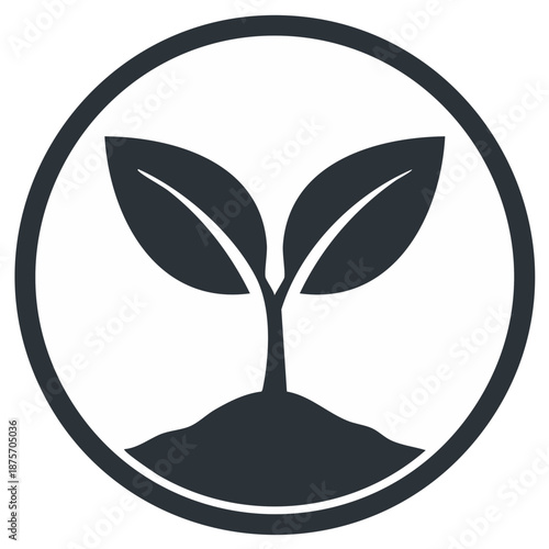 Simple dark seedling icon with two leaves growing from soil within a circle