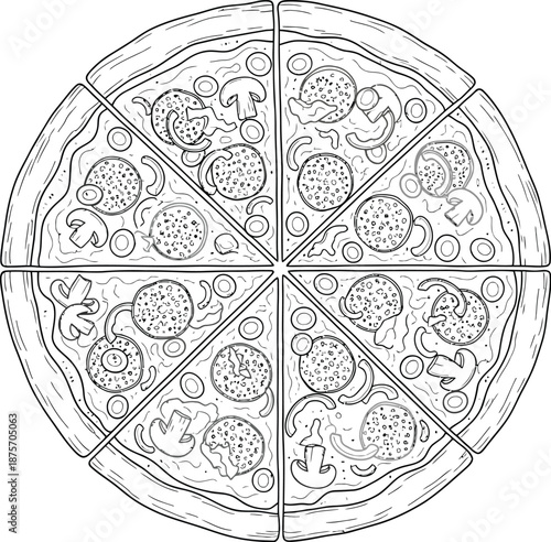 Detailed black and white line art illustration of a whole pepperoni and mushroom pizza perfectly sliced into eight equal triangular portions ready for consumption or coloring activities.