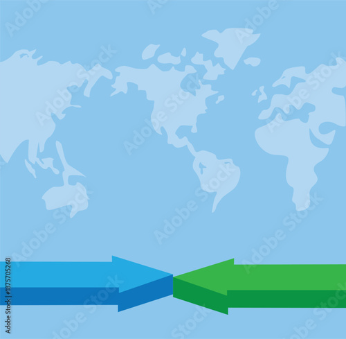 world map with blue and green arrow, business background design with blue map background