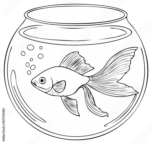 Simple black and white line art of a goldfish swimming in a glass fishbowl coloring page