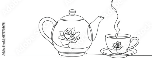 Elegant continuous line art drawing featuring a beautifully designed teapot with a rose motif alongside a steaming teacup resting on its saucer ready for a relaxing beverage moment.