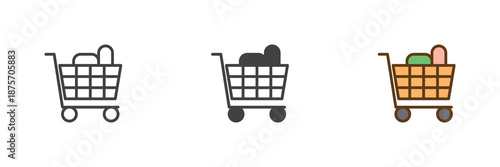Shopping cart with groceries different style icon set. Line, solid and filled outline colorful icon, vector sign and symbol. Cart icon for supermarket, grocery and retail icon.
