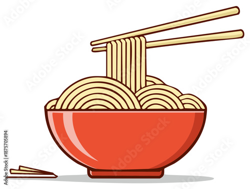 Bowl of noodles with chopsticks drawing, eating Asian noodle dish, cartoon illustration, ramen concept