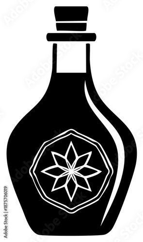 Decorative black bottle with a star design and cork top