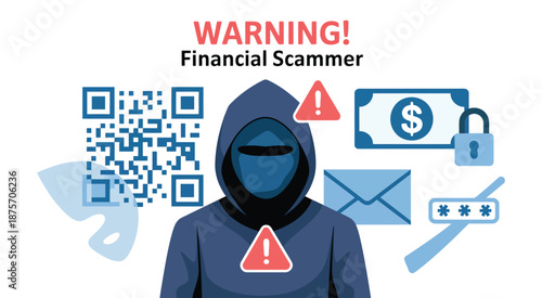 Financial Scam Warning, Beware Online Scammers Stealing Your Data, Passwords, Personal Information, Cybersecurity Threat, Concept Illustration.