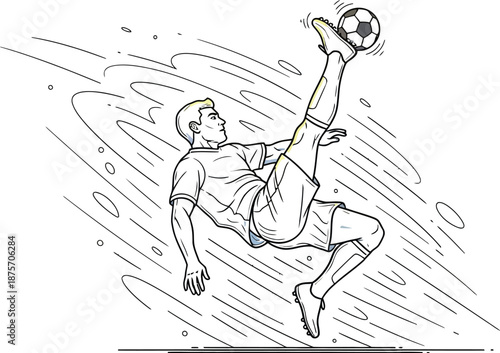 Dynamic line art illustration depicts a powerful male soccer player executing a spectacular bicycle kick with intense motion lines suggesting speed and athletic prowess during a crucial match moment.