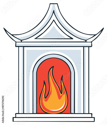 Stylized burning flame within a decorative pagoda fire place, minimalist cartoon illustration of warmth and oriental architectural design elements