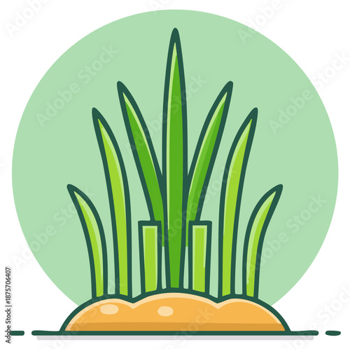 Vibrant blades of green grass growing from a mound of soil displayed within a circular emblem design