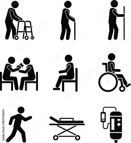 Medical patient mobility and rehabilitation icon set featuring silhouettes of people using walkers canes and wheelchairs vector,