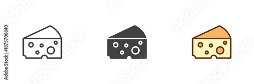 Cheese piece food different style icon set. Line, solid and filled outline colorful icon, vector sign and symbol. Cheese icon for grocery dairy and food product icon.