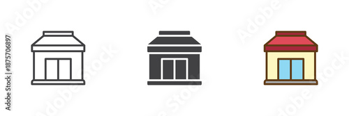 Grocery store building different style icon set. Line, solid and filled outline colorful icon, vector sign and symbol. Store icon for supermarket, retail and shop icon.