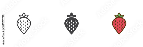 Strawberry fruit food different style icon set. Line, solid and filled outline colorful icon, vector sign and symbol. Strawberry icon for grocery, dessert and fresh food icon.