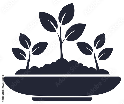 Silhouette icon of young plant sprouts in a pot, representing growth, nature, and new beginnings