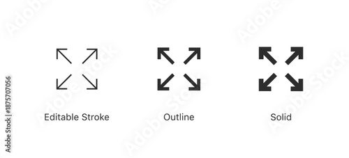 Expand and fullscreen arrow icons showing arrows pointing outward in editable stroke, outline, and solid styles for resize, zoom, and UI controls.