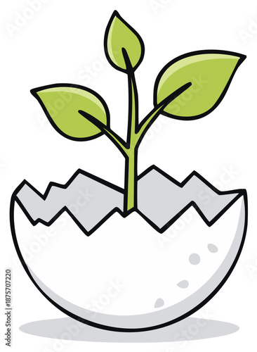 Fresh green plant seedling sprouts from a cracked white eggshell symbolizing new life and growth