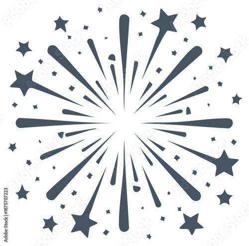 Dark Gray Fireworks Burst and Stars on White Background Festive Celebration Graphic