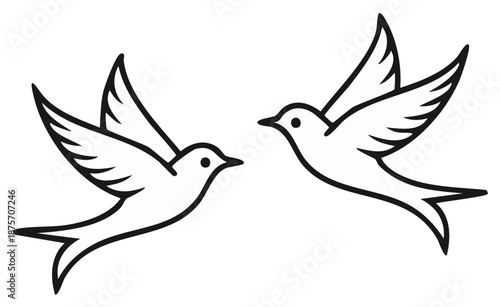 Two Birds Flying Graphic Outline. Minimalist Bird Line Illustration. Pair of Simple Bird Drawing Vector. Dove, Pigeon, Peace, Freedom Concept.