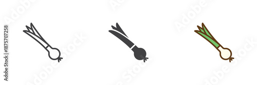 Scallion green onion vegetable different style icon set. Line, solid and filled outline colorful icon, vector sign and symbol. Scallion icon for grocery, cooking and food icon.