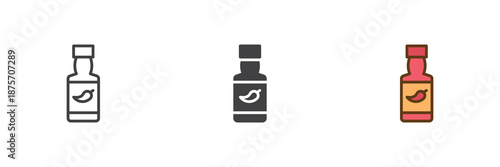 Chili sauce bottle condiment different style icon set. Line, solid and filled outline colorful icon, vector sign and symbol. Sauce bottle icon for grocery, spicy food and kitchen icon.