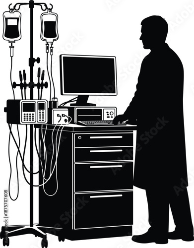 Medical professional operating clinical computer workstation with integrated IV drip stand silhouette,