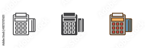 POS terminal payment device different style icon set. Line, solid and filled outline colorful icon, vector sign and symbol. POS icon for grocery checkout and card payment icon.