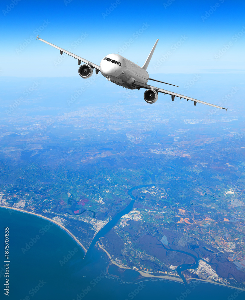 Naklejka premium Passenger jet flying above coastal river estuary