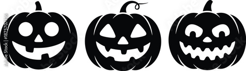 Halloween pumpkin faces silhouette set, scary jack o lantern icons collection, spooky autumn holiday 