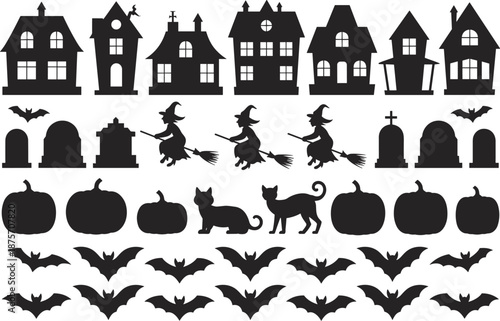 Halloween silhouette icon set, haunted houses, witches, bats, pumpkins, black cats, graveyard tombstones, spooky holiday vector collection