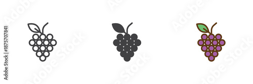 Grapes fruit bunch different style icon set. Line, solid and filled outline colorful icon, vector sign and symbol. Grapes icon for grocery, wine making and fresh food icon.