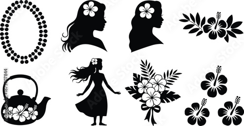 Hawaiian hula girl silhouettes set, hibiscus flowers, lei frame, tropical bouquet and teapot, black vector illustration