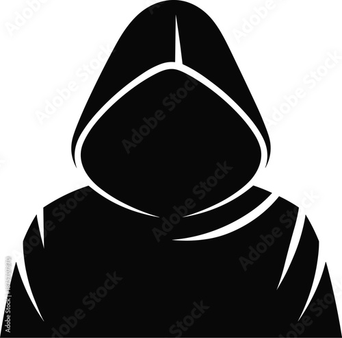 Hooded figure silhouette icon, anonymous person in cloak, mystery hacker avatar, black and white security vector illustration