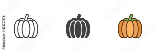 Pumpkin squash vegetable different style icon set. Line, solid and filled outline colorful icon, vector sign and symbol. Pumpkin icon for grocery, autumn food and harvest icon.