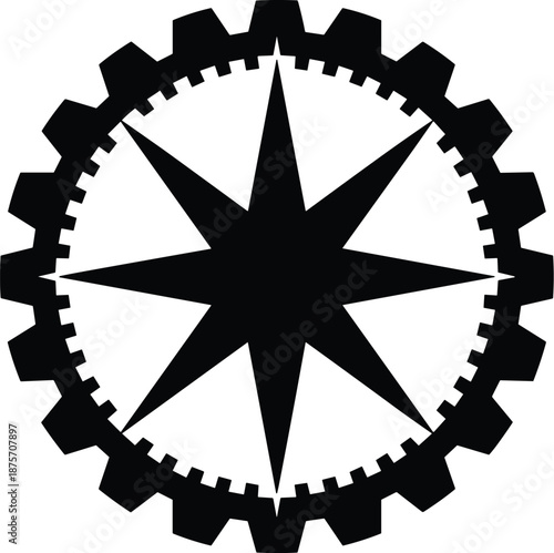 Industrial gear compass icon silhouette, mechanical cogwheel with star, engineering logo, navigation symbol, black vector illustration