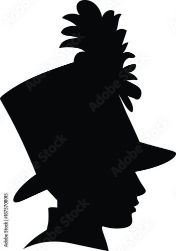 Man with top hat silhouette, gentleman profile portrait icon, vintage Victorian style head, black and white vector illustration
