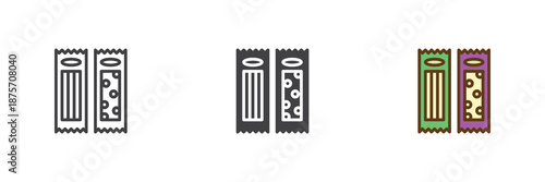Pasta packaging food product different style icon set. Line, solid and filled outline colorful icon, vector sign and symbol. Pasta pack icon for grocery, Italian food and cooking icon.