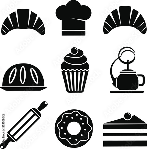 Bakery icons, pastry food, bread loaf, sweet dessert, chef hat, cooking kitchen, donut cake, food menu