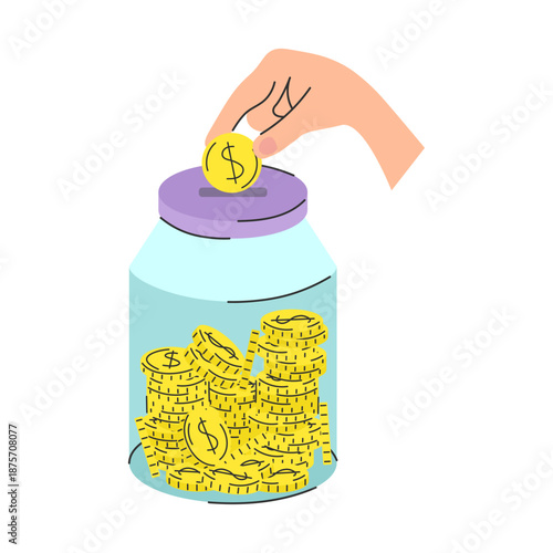 Hand putting coin into money jar vector illustration