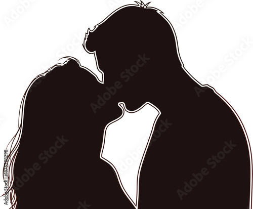 Silhouette of a romantic couple sharing a tender kiss against a vibrant sunset backdrop creating an iconic symbol of passion and eternal love during the golden hour outdoors.