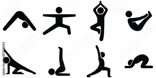 Yoga stickman pose set, Fitness stretching silhouette pack, Meditation exercise figure collection