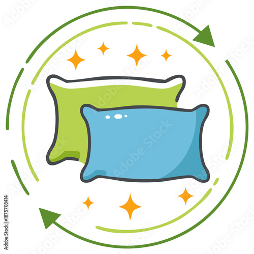 Fresh and clean pillows with sparkles and a refresh cycle symbol, representing laundry and hygiene services.