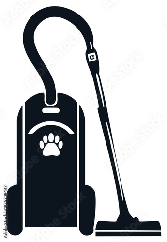 Vacuum cleaner with pet paw logo icon, cleaning appliance illustration, domestic vacuuming