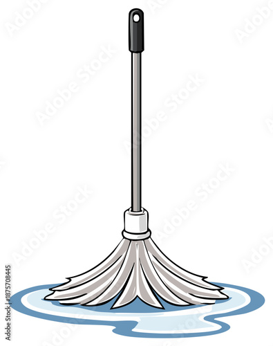 Cartoon Mop Cleaning Up a Puddle, Sanitation and Hygiene Concept, Gray and Blue Cartoon Illustration