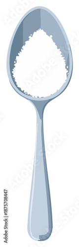 Isolated metal spoon with a scoop of granulated sugar or salt