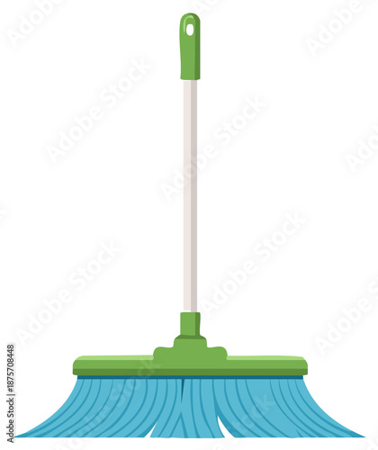 Bright Green and Blue Broom Illustration for Cleaning and Housework, Essential Domestic Tool