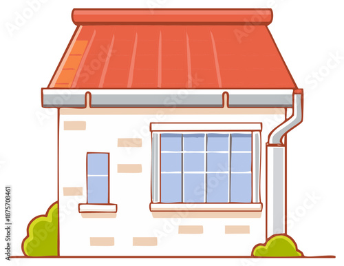 Small house with a red roof and green bushes cartoon style architecture dwelling illustration