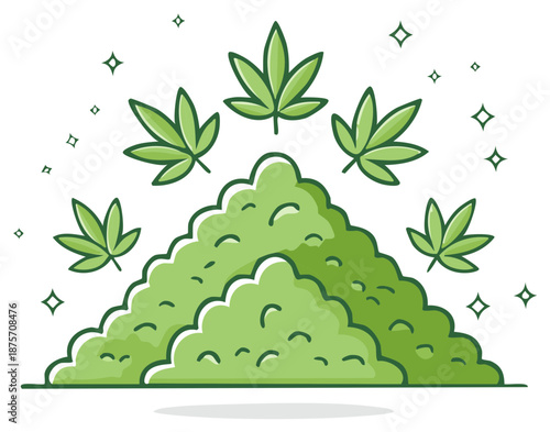 Bright green cannabis plant material with floating leaves and shiny sparkles vector